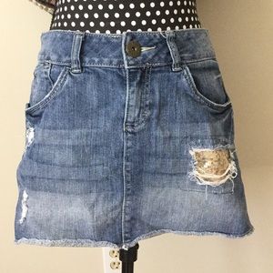 Denim Miniskirt with Gold Sequin Distressed Hole